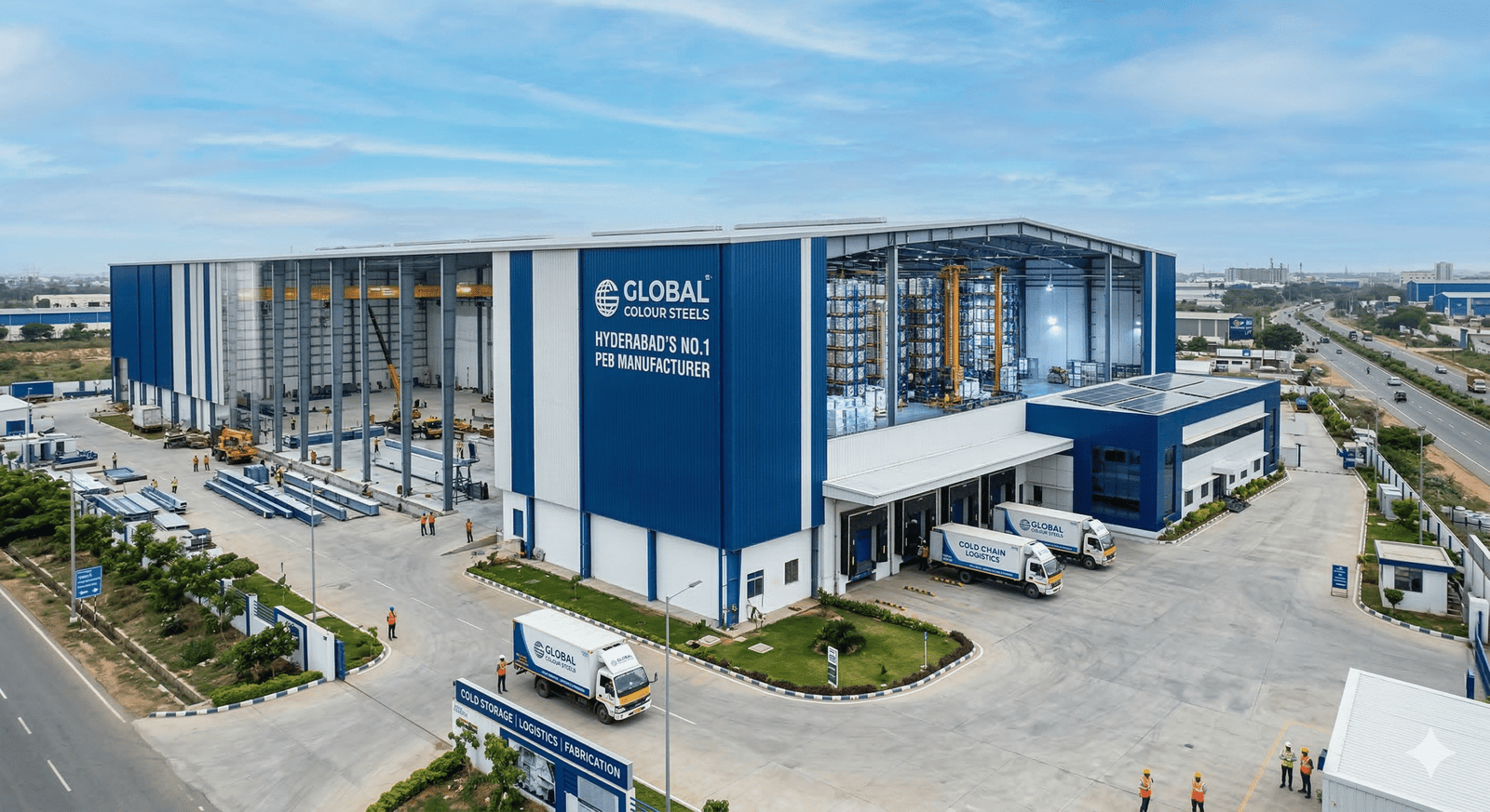 Exterior of a modern cold storage PEB in Hyderabad manufactured by Global Colour Steels showing insulated steel panels.