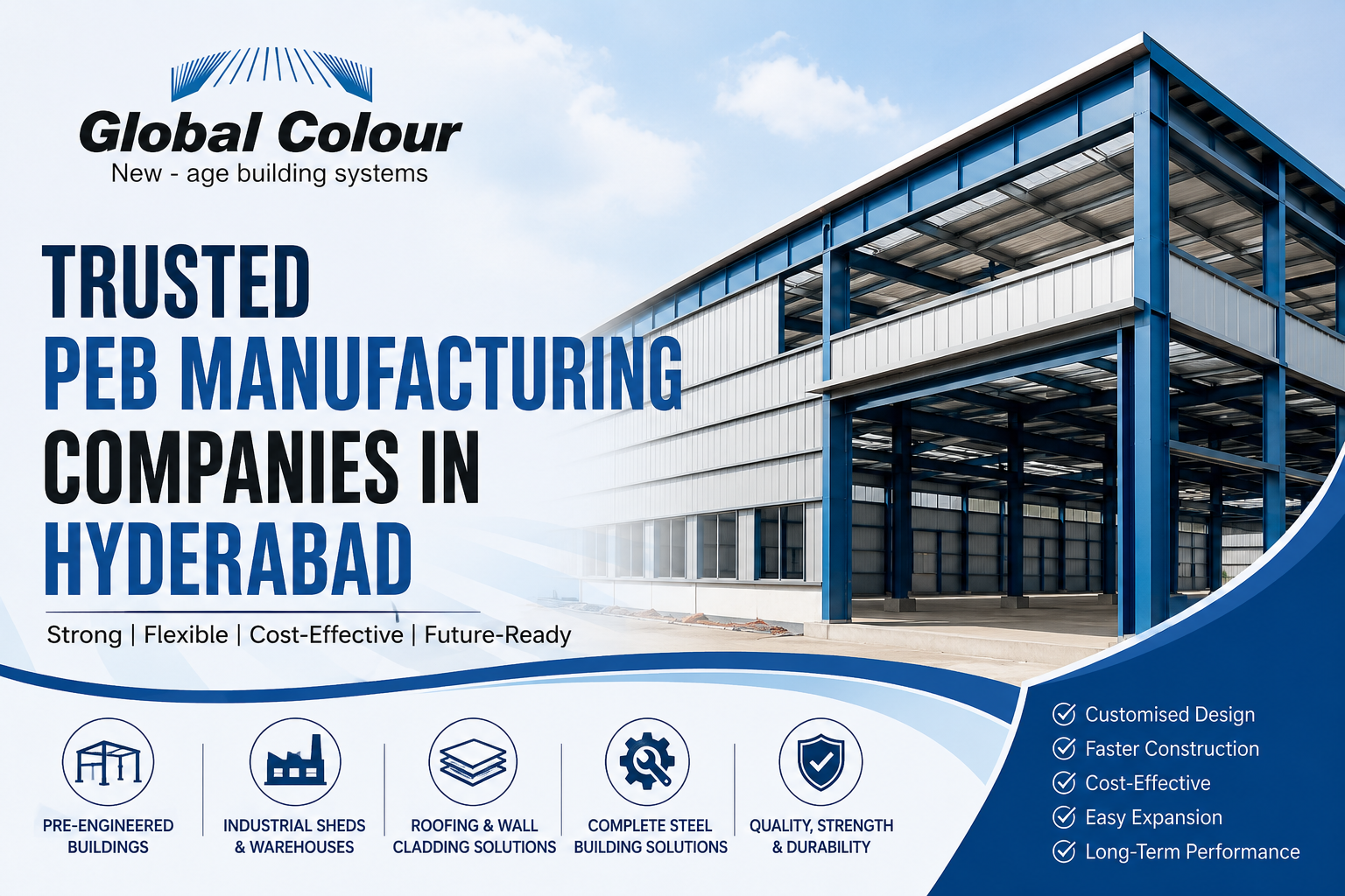 Global Colour Steels featured image showcasing a modern pre-engineered steel building with the text “Trusted PEB Manufacturing Companies in Hyderabad” and key benefits including customised design, faster construction, cost-effectiveness, easy expansion and long-term performance.
