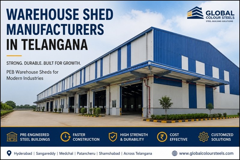 Modern blue and white warehouse shed manufactured by Global Colour Steels in Telangana