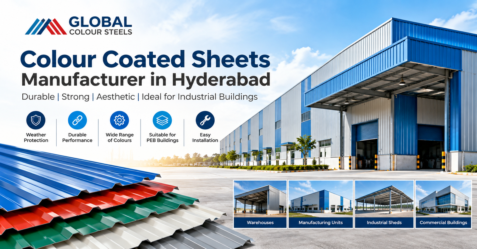 Colour coated steel roofing sheets for PEB warehouses and industrial buildings by Global Colour Steels in Hyderabad